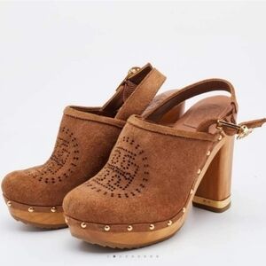 Tory Burch Brown Suede Clogs with Wooden Heel